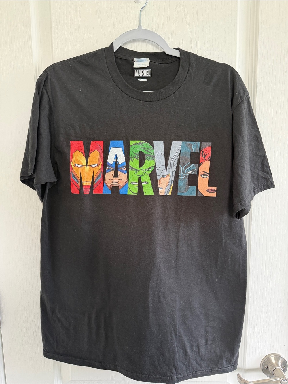 Marvel Black Short-Sleeve Logo Tee with Comic Character Panels